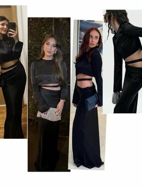 Zara black satin cut-out vents maxi dress long sleeve formal cocktail party Sz L